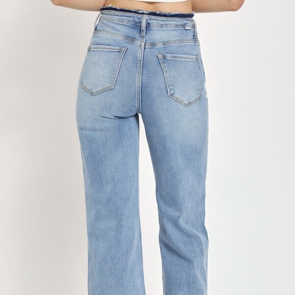 Risen High Rise Wide Leg Jeans Frayed Cuff - Picture 4 of 6